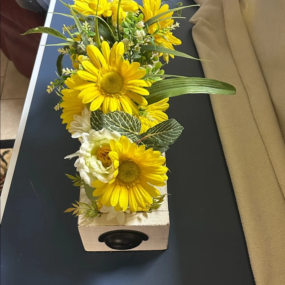 Yellow and White Floral Arrangement in Wooden Box homemade